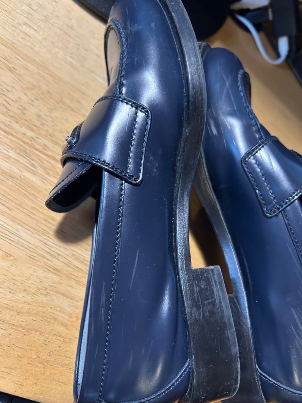 Authentic Womens Prada Dark Navy Blue Brushed Leather Logo Loafers 35.5 US/5.5 - Picture 12 of 16